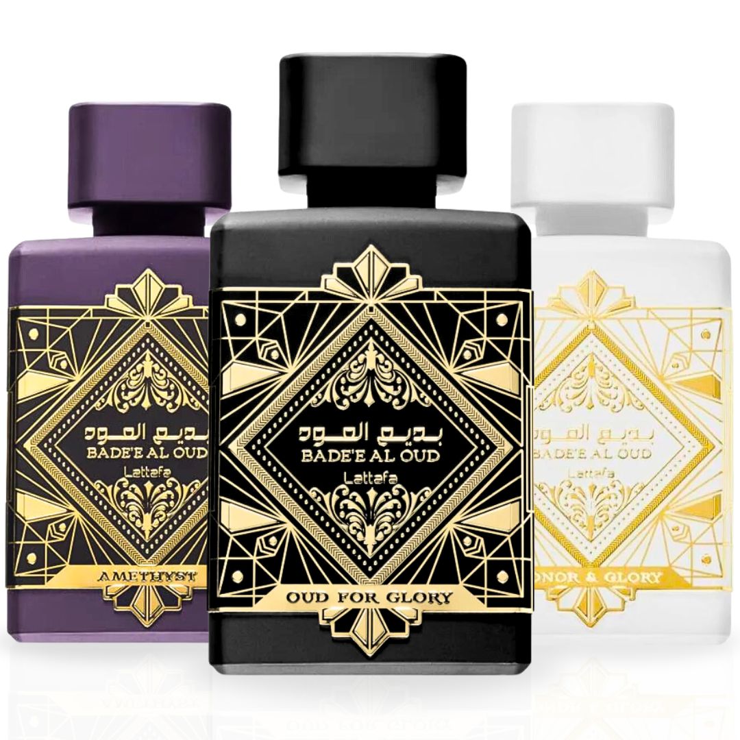 Bad'ee Al Oud Glory, Bad'ee Al Oud Amethyst & Bade’e Al Oud Honor & Glory EDP Sprays 100ML (3.4 OZ) By Lattafa | Three Captivating Scents, One Unforgettable You. (VALUE PACK)