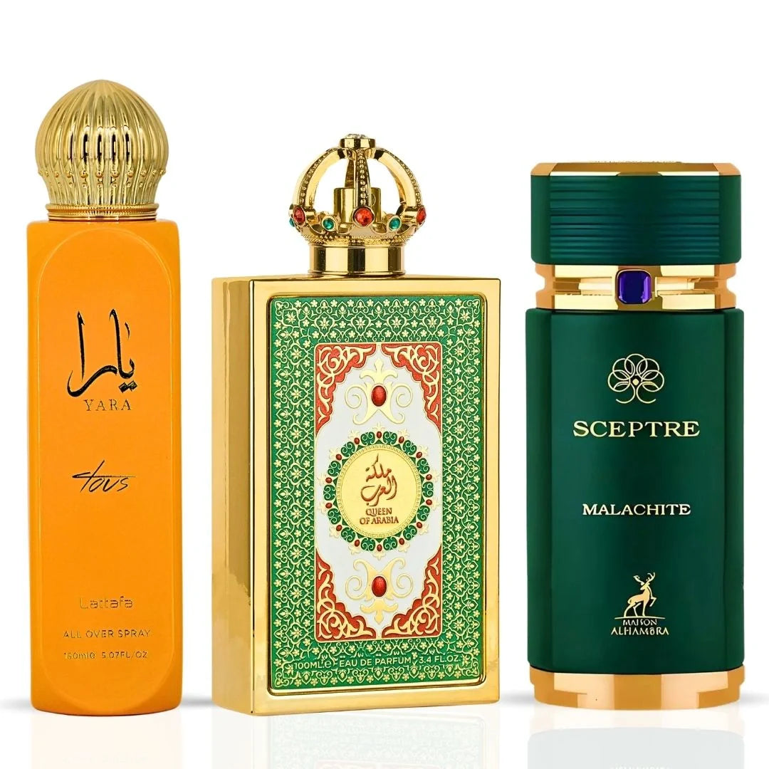 Yara Tous All Over Spray 150ml by Lattafa, Queen of Arabia by Lattafa Pride & Sceptre Malachite by Maison Alhambra - Eau de Parfum Sprays 100ml (3.4 oz) | Island Vibes & Desert Glow (Bundle)