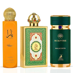 Yara Tous All Over Spray 150ml by Lattafa, Queen of Arabia by Lattafa Pride & Sceptre Malachite by Maison Alhambra - Eau de Parfum Sprays 100ml (3.4 oz) | Island Vibes & Desert Glow (Bundle)