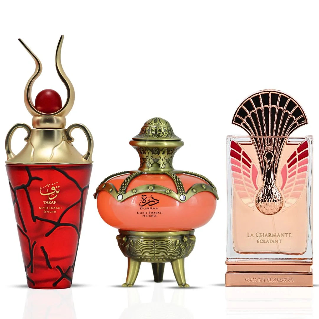 Niche Emarati Taraf & Durrah by Lattafa & La Charmante Éclatant by Maison Alhambra – Eau de Parfum Sprays 100ml (3.4 oz) with Pink Musk Perfume Oil 12ml by Intense Oud | Brianna’s Triple Crown (Bri’s Bundle)