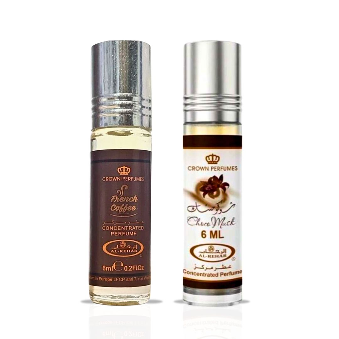 Choco Musk & French Coffee Perfume Oils 6ML (0.2 OZ) By Al Rehab | Rich, Creamy & Sweet Gourmand Scents. (INDULGENT BUNDLE)