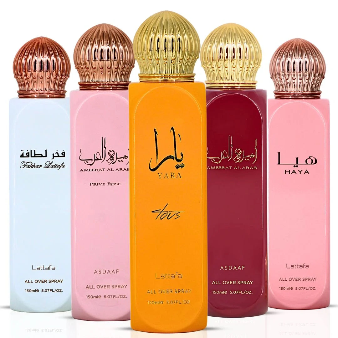 Yara Tous, Ameerat Al Arab, Haya, Ameerat Al Arab Prive Rose & Fakhar Women All-Over Sprays 150ml (5.07 oz) by Lattafa | Five Scents, One Stunning Bundle (Bundle)