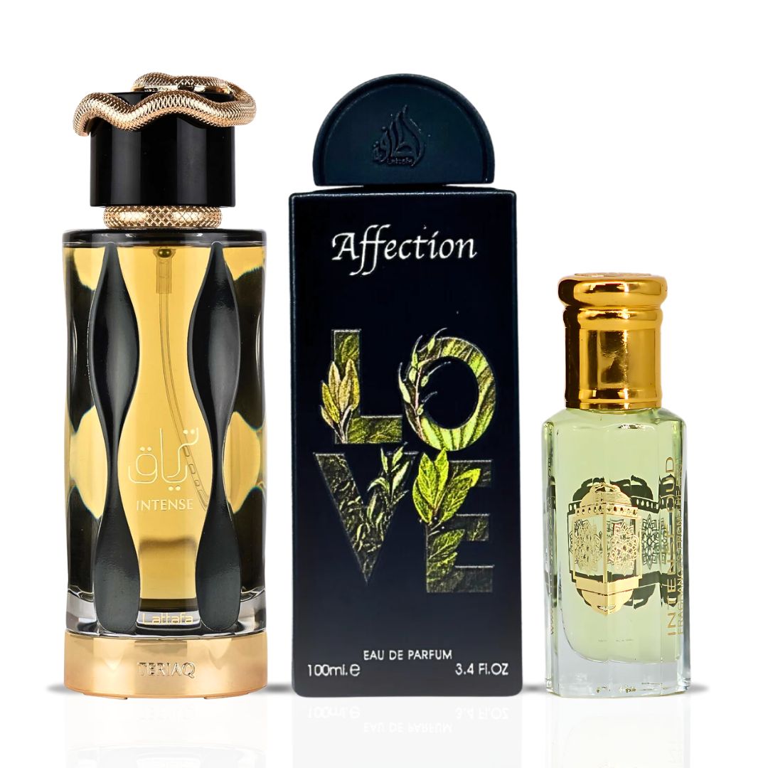 Teriaq Intense, Affection EDP Sprays 100ML (3.4 OZ) & Lady Mile Perfume Oil 12ML (0.40 OZ) By Intense Oud | A Luxurious Fusion Of Creamy, Floral & Warm Gourmand Scents. (THE JESS BUNDLE)