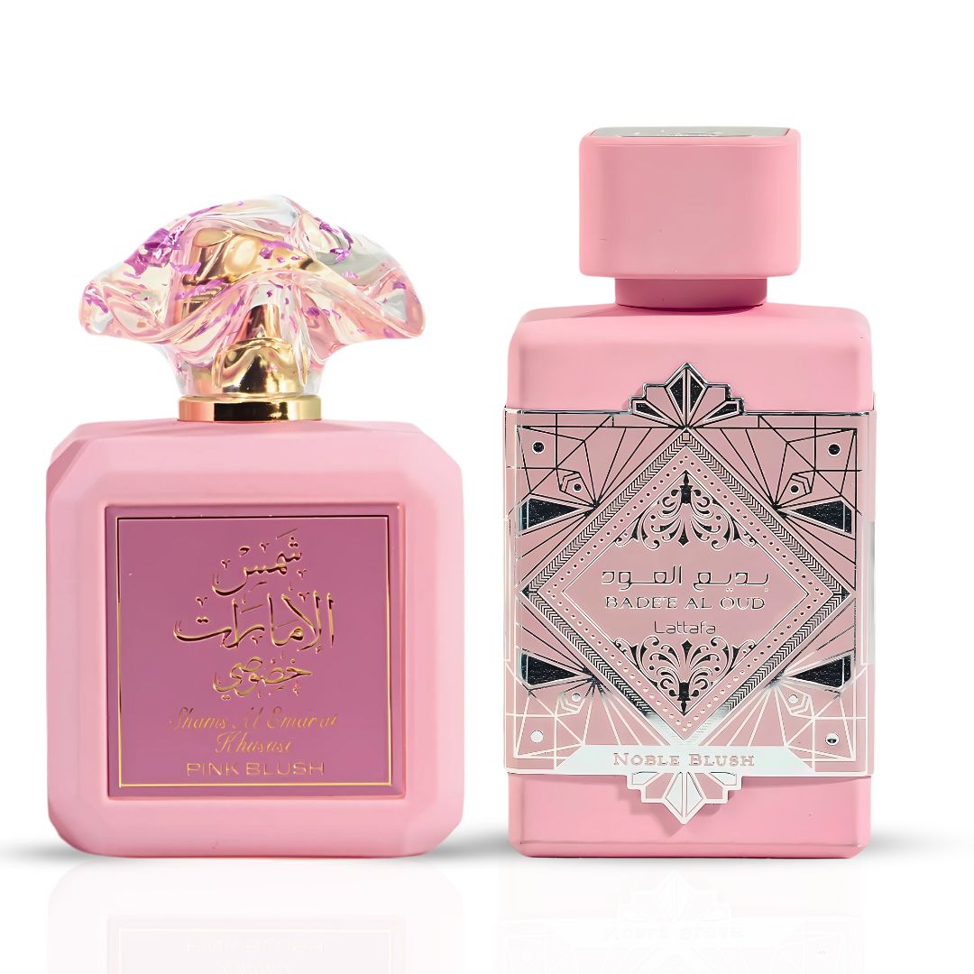 Pink Blush Shams Al Emarat Khususi by Ard Al Zaafaran & Bad'ee Al Oud Noble Blush by Lattafa - Eau De Parfum Sprays 100ML (3.4 OZ) | A Luxurious Duo of Fruity Florals & Creamy Gourmands (Bundle)