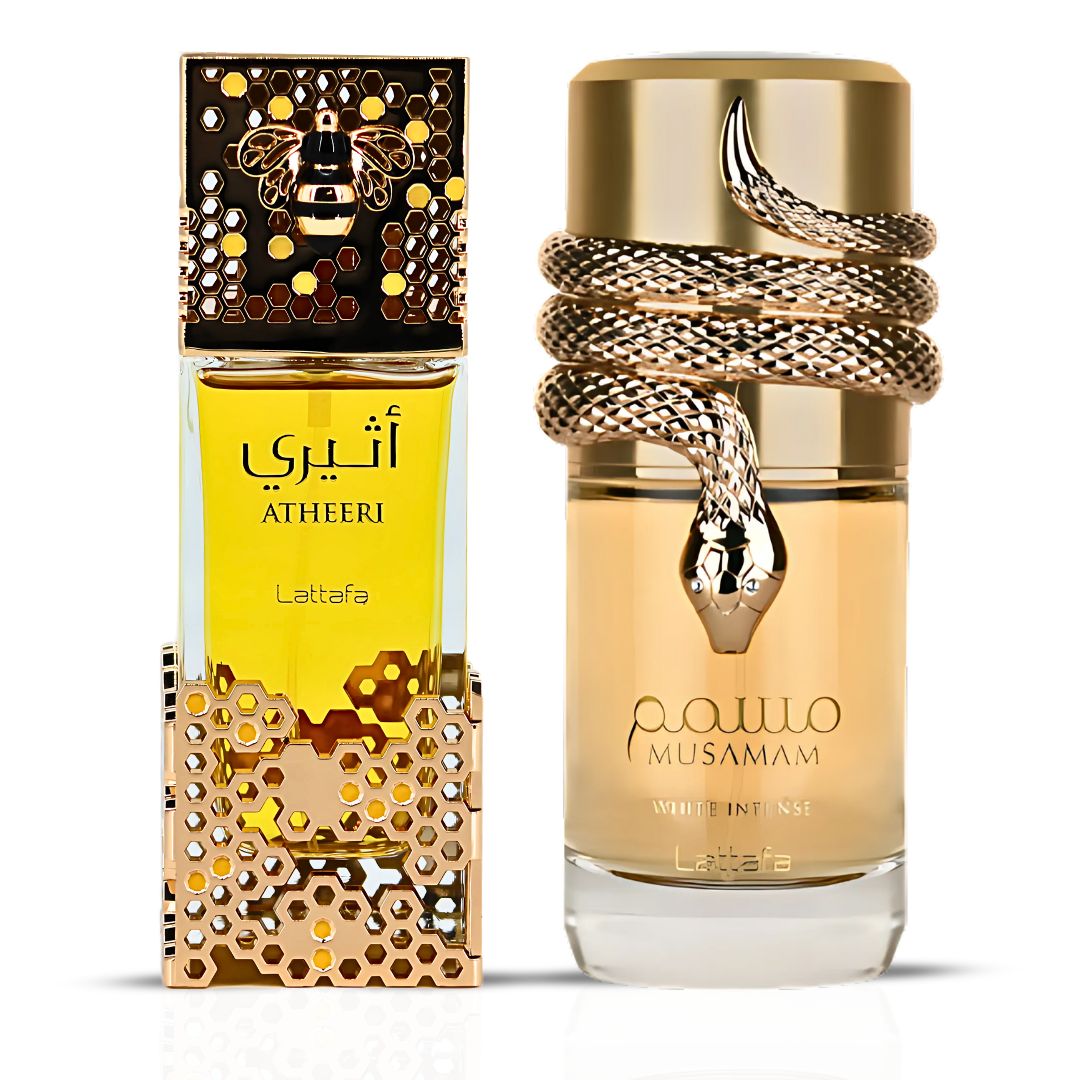 Atheeri & Musamam White Intense Eau De Parfum Sprays 100ML (3.4 OZ) by Lattafa | A Floral Breeze Meets Tropical Woods—Soft, Creamy, Unforgettable. (Bundle)