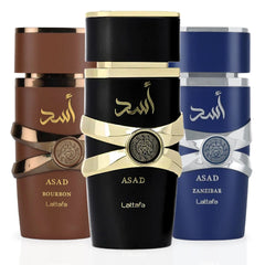 Asad, Asad Zanzibar & Asad Bourbon EDP Sprays 100ML (3.4 OZ) By Lattafa | A Trio Of Bold, Spicy & Warm Scents That Blend Sophistication With A Daring Edge. (ASAD SIGNATURE TRIO)