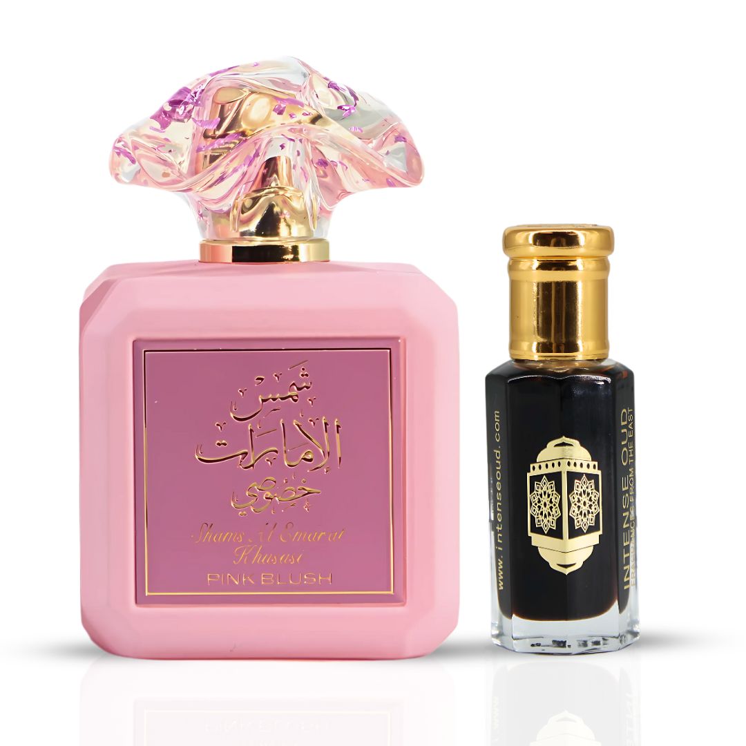 Pink Blush Eau De Parfum Spray 100ML (3.4 OZ) by Ard Al Zaafaran & Aphrodisiac Perfume Oil 12ML (0.40 OZ) by Intense Oud | A Captivating Blend of Fruity Sweetness & Sensual Florals. (Bundle)