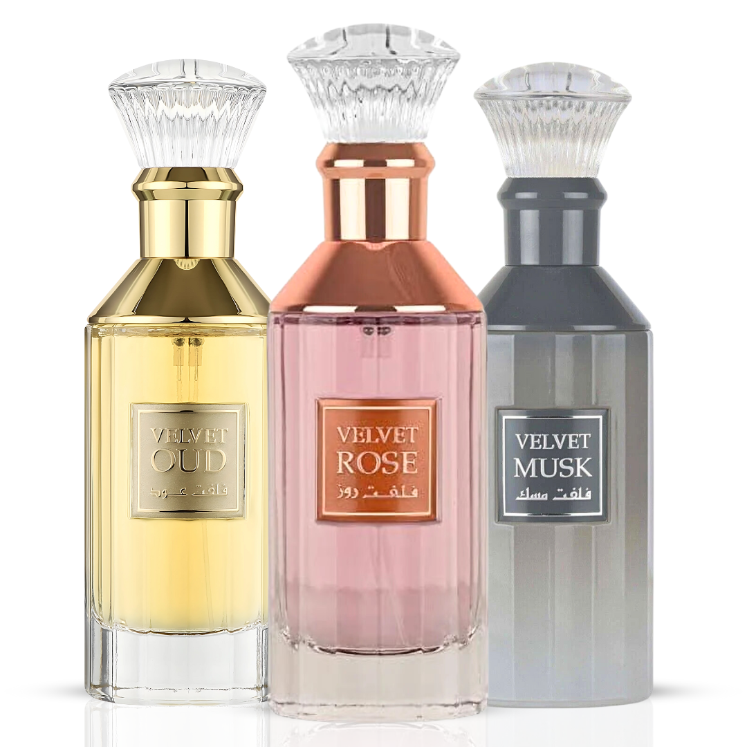 Velvet Oud, Velvet Rose & Velvet Musk Eau De Parfum Sprays 100ML (3.4 OZ) By Lattafa | A Luxurious Trio Of Rich Oud, Bold Florals & Soft Musk. (Bundle)