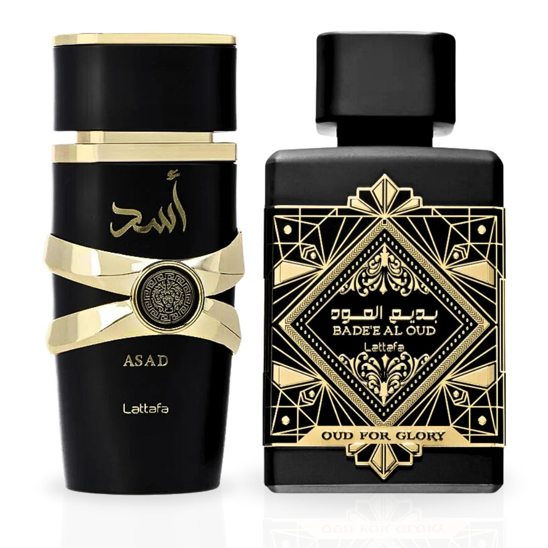 Asad & Bad'ee Al Oud Glory EDP Sprays 100ML (3.4 OZ) By Lattafa | Masculine Allure In Two Powerful Blends. (POWER BUNDLE)