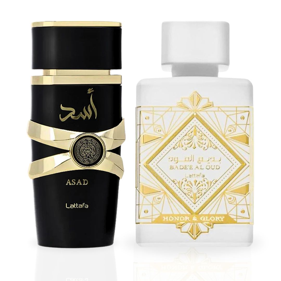 Asad And Bad'ee Al Oud Honor & Glory EDP Sprays 100ML (3.4OZ) By Lattafa | Double The Impact, Twice The Confidence. (DELUXE BUNDLE)
