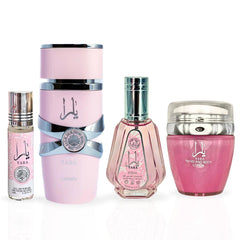YARA Eau De Parfum Spray 100ML,EDP 50ML, Hand & Body Lotion 45ML & Roll-on Perfume Oil 10ML - For Women by Lattafa. (CHIC COLLECTION)