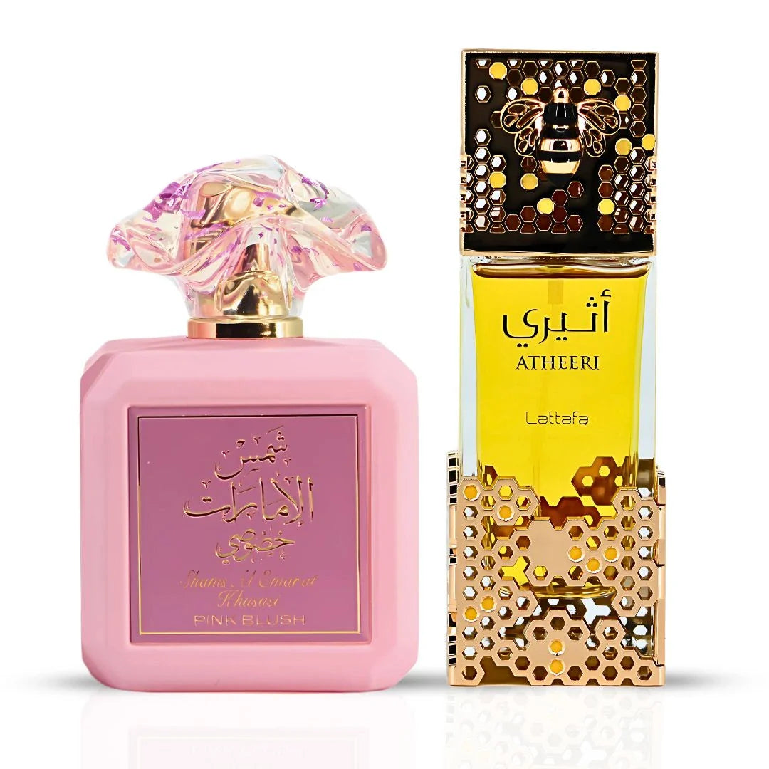 Pink Blush by Ard Al Zaafaran & Atheeri by Lattafa – Eau de Parfum Sprays 100ml (3.4 oz) | A Dreamy Duet of Juicy Sweetness and Delicate Floral Elegance (Bundle)