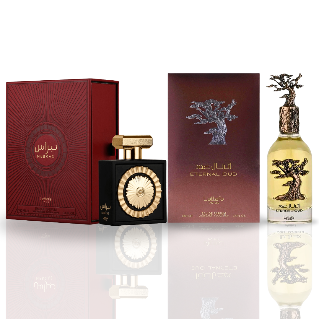 Lattafa Pride NEBRAS & ETERNAL OUD - Unisex EDP Sprays 100ML (3.4OZ), Long Lasting & Luxurious Fragrances For Men & Women. (AMAZING BUNDLE)