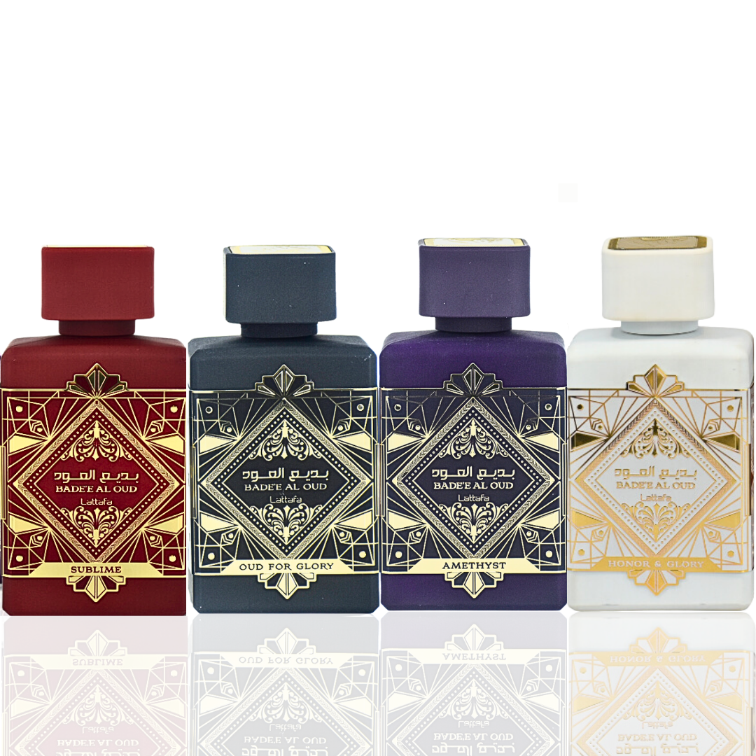 Bade'e Al Oud for Glory, Badee Al Oud Amethyst, Bade'e Al Oud Sublime & Bade’e Al Oud Honor & Glory EDP - 100ml (3.4 oz) By Lattafa Perfumes. (Velvet Pouch)
